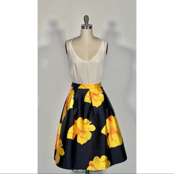 Navy Blue Casual Elegant Long Skirt With Yellow Flowers - Picture 1 of 6